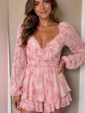 Altar'd State Pink Floral Long-Sleeve Romper Dress
